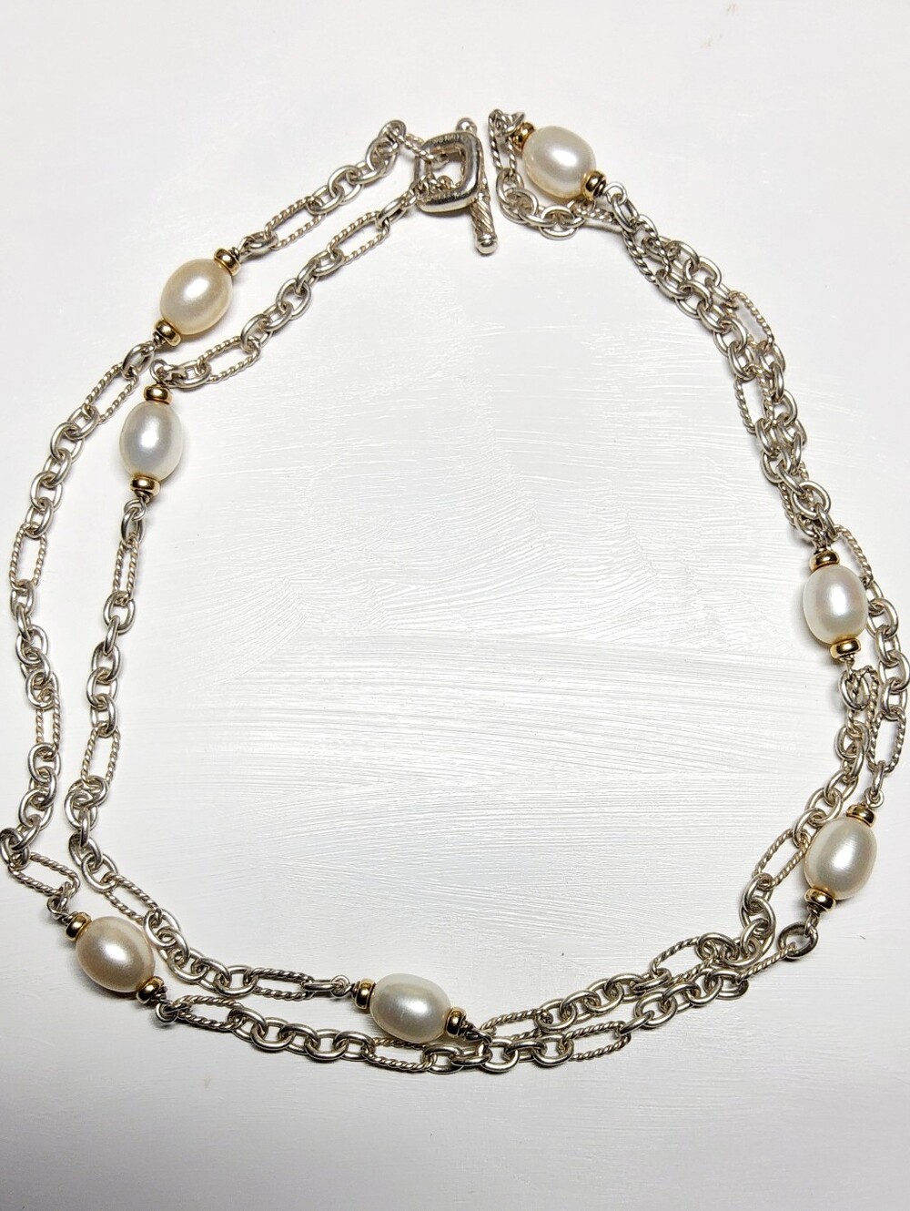 David Yurman Sterling Silver 18K Figaro Chain Station Necklace with Pearls